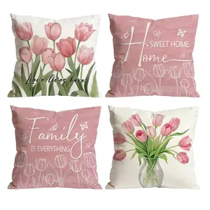 Watercolor Spring Tulip Decorative Throw Pillow Covers Set of 4, Flower Botanical Porch Outdoor Pillowcase, Family is Everything Sofa Couch Cushion Case Home Decor, Bedroom Decorative Accessories 0202YD