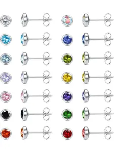 14Pairs Small Stud Earrings Surgical Steel for Women Girl Birthstone Stud Earrings Set Hypoallergenic Multicolor Cubic Zirconia Flatback Earrings Piercing Cartilage Earrings