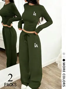 Women's 2-Pack LA Print Loungewear Set, Soft Stretchy Fabric, Ruched Long Sleeve Crop Top & Drawstring High Waist Wide Leg Pants, Chic Casual Daily Streetwear, Pajama Set, White Grey Black Navy Red Army Green