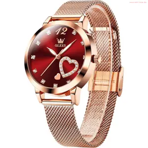 Fashion Brand OLEVS Women's Small Wrist Rose Gold Tone Watch - Cute Diamond Heart Arabic Numerals Dial, Fashion Waterproof Mesh Bracelet Analog Dress for Ladies