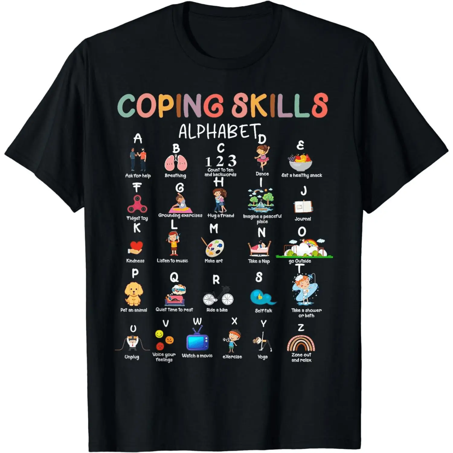 [100% Cotton] Alphabet Coping Skills Design T-Shirt For Mental Wellness And Positivity.