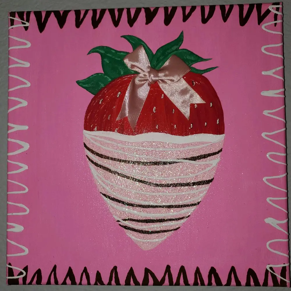 glitterized chocolate covered strawberry painting with 3d bow and icing 12 x 12 x 1 for wall decor
