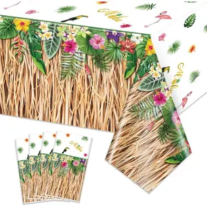 4 Pack Hawaiian Luau Grass Tablecloths Hawaii Luau Table Skirt Party Decorations Tropical Palm Tablecover for Summer Beach BBQ Tropical Ahola Party Baby Shower 86 x 51in 4