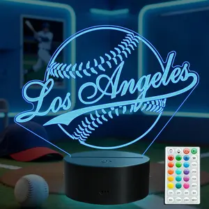 Los Angeles Baseball 3D Illusion Night Light with Remote Control 16 Colors Changing Dimmable RGB Flashing Mode Sport Gifts for Boys Christmas Decor