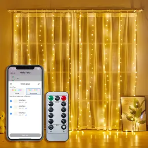 300 LEDs Curtain Lights 9.8ft x 9.8ft Warm White Smart String Lights USB Plug 8 Modes Bluetooth App & Remote Control Music Sync for Indoor Bedroom Window Party Backdrop Holiday Decor - Safe