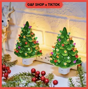 Ceramic Christmas Tree Night Light - 2 Pack, 1 Pack 6" Christmas Decorative Ceramic Tree with ON/Off Switch, Vintage Christmas Night Light for Bedroom Bathroom Living Room Porch Holiday Decor