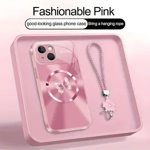 Suitable for [iPhone 15 Plus] high-end MagSafe phone case，Includes a complimentary four-leaf clover lanyard and magnetic ring.A crystal-clear butterfly print pattern.YM99