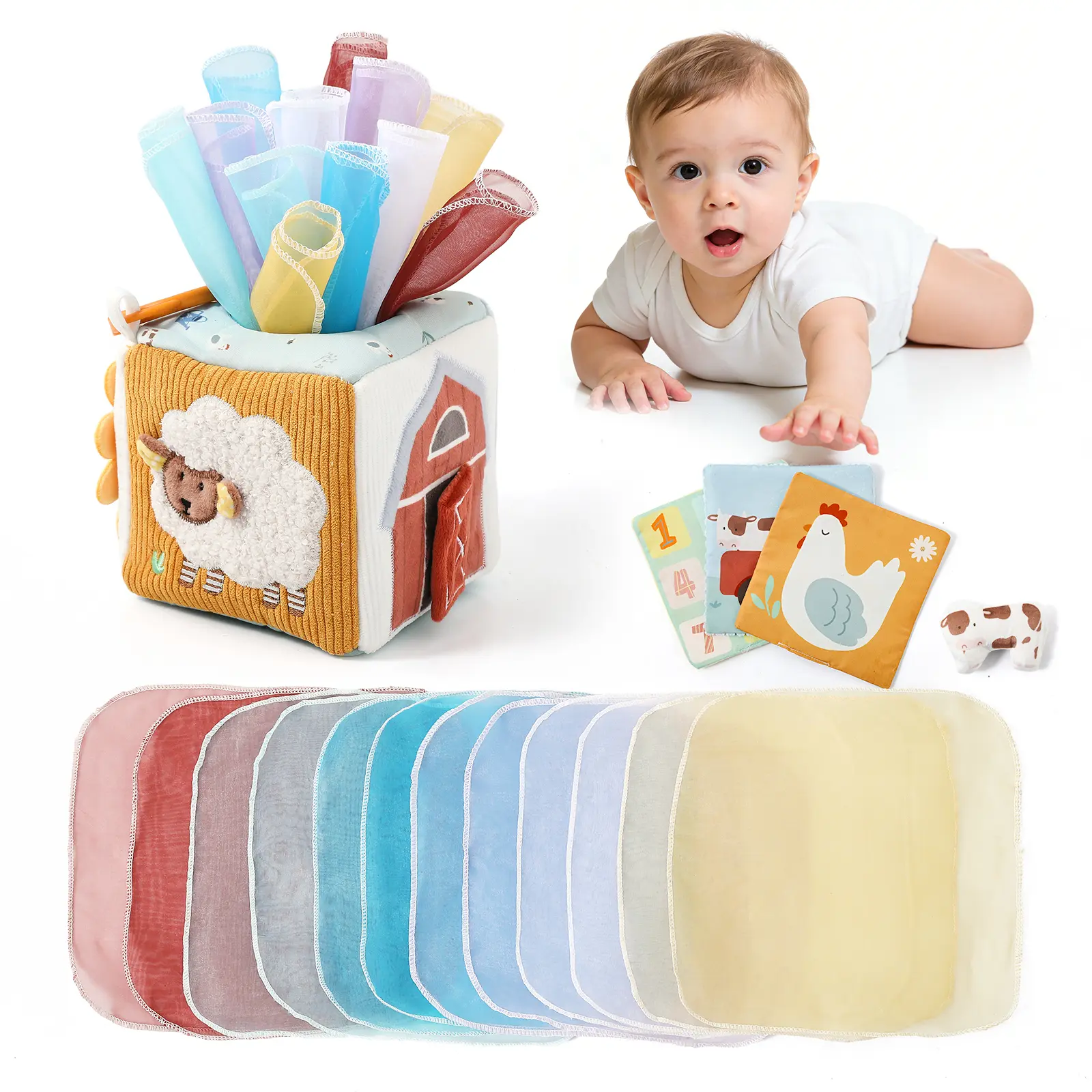 LET'S MAKE Farm Activity Cube, Montessori Soft Fabric Sensory Toy for Babies 6-18 Months with Crinkle Panels, Mirror, and Teether Clip, Unisex Baby Shower Gift, Lightweight, Multi-Sensory, 0 - 3 Years