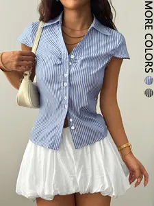 Women's Summer Blue Striped Button Down Shirt, Slim Fit Waist Tailored Design with Flare Sleeves, Stylish Collared Top for Casual Wear