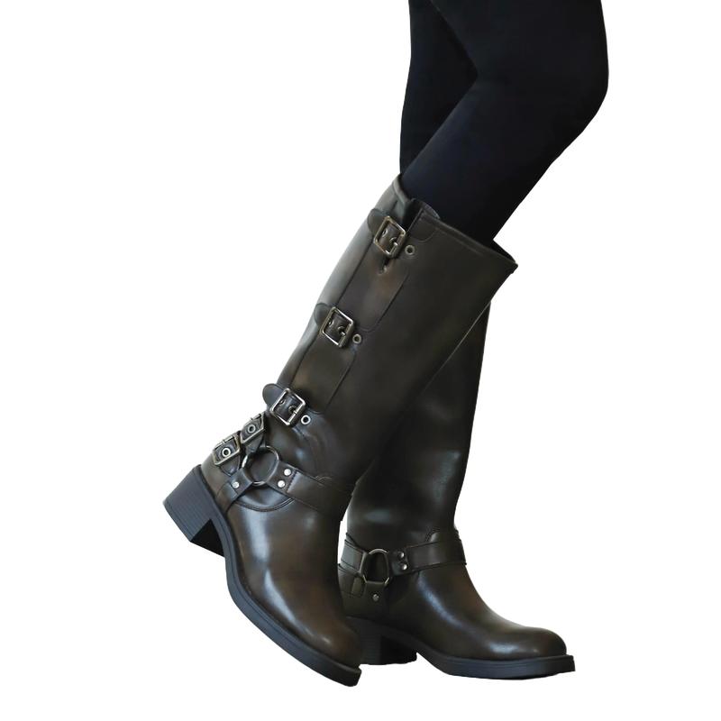 CELNEPHO Motorcycle Combat Boots Round Toe Chunky Block Vintage Heel Metal Buckle Design Pull on Rocky Boots Gift Party Riding Spring Valentine Fashion Dress Shoes