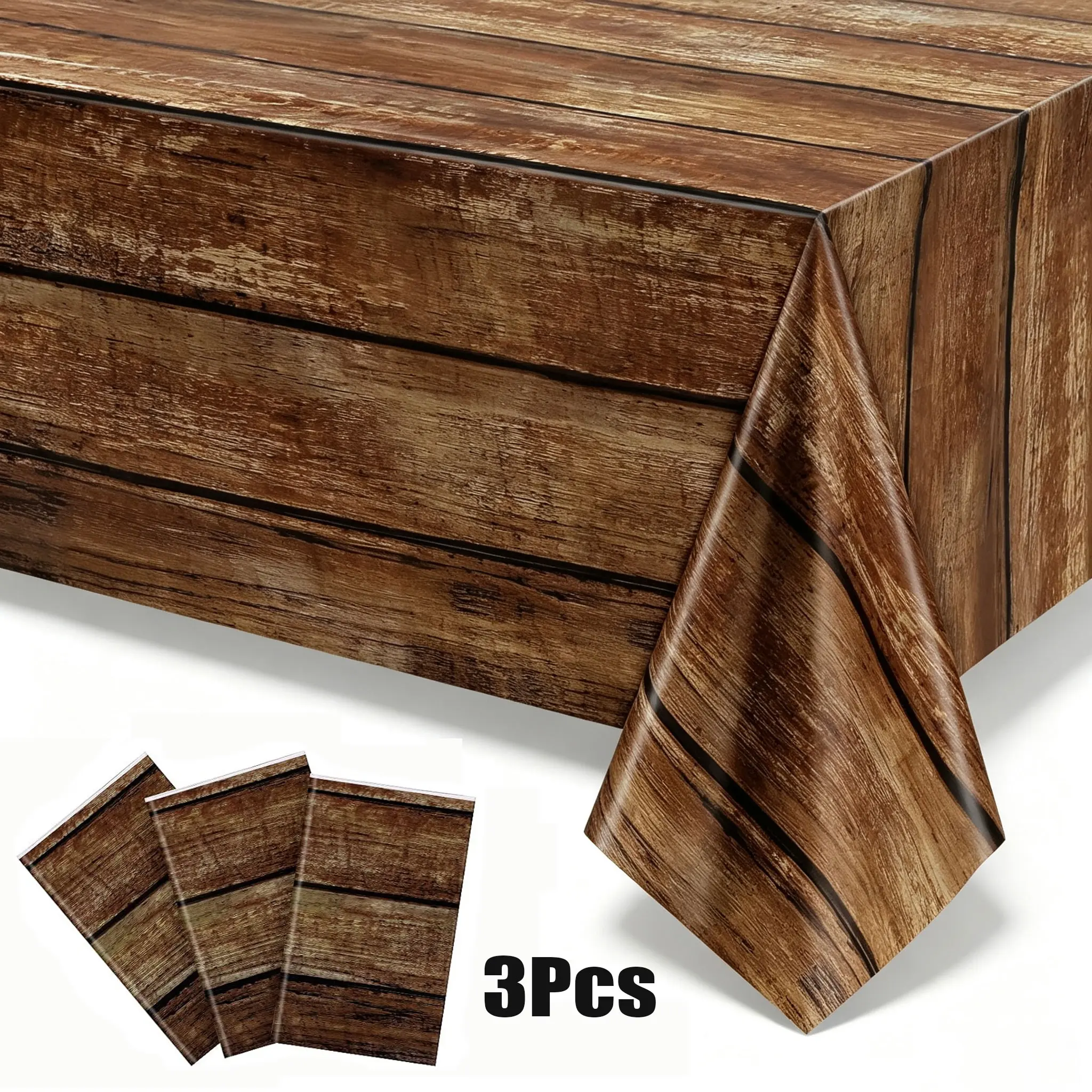 3Pcs Brown Wood Grain Tablecloths Rustic Plastic Table Covers for Rectangle Table, Vintage Farmhouse Tablecloth Decorations for Western Barn Birthday Wedding (54 x 108 Inches)