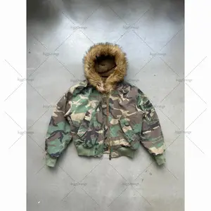 Hip-hop Camouflage Fur Collar Bomber Jacket Men Casual Warm Coat
