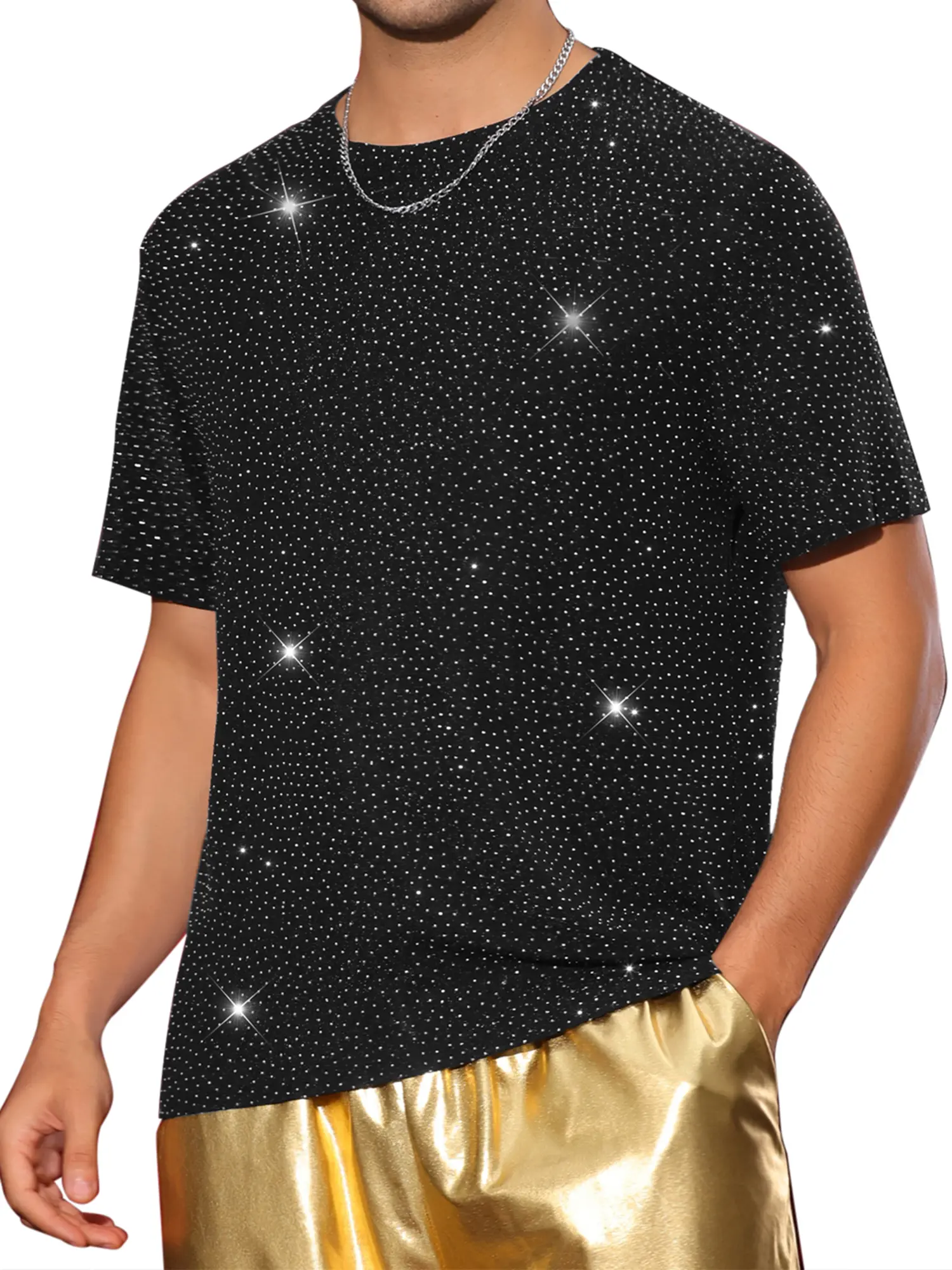 INSPIRE CHIC Metallic T Shirt for Men's Sparkly Short Sleeve Party Tee Shiny Club Glitter T-Shirt