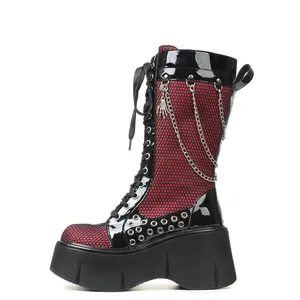 CELNEPHO Womens Midcalf Boots Round Toe Gothic Chunky Block Platform Heel Lace up Side Zipper Rave Jennifers Body Boots Combat Pull on for Party Work Cosplay Events Festival Dress Shoes