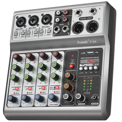 Aveek Professional 5-Channel Audio Mixing Console Sound Board - 48V Phantom Power, Digital USB Bluetooth Stereo, Mobile Wireless Connection, Echo Delay Effect, Noise-Reducing Equalizer, Cable/Adapter/Plug Compatible for Recording, Live Streaming