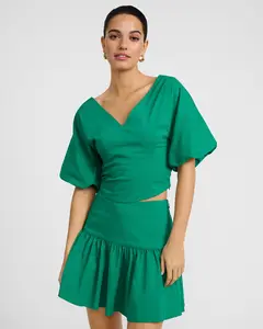 Express Poplin High Waisted Drop Waist Ruffle Mini Skirt