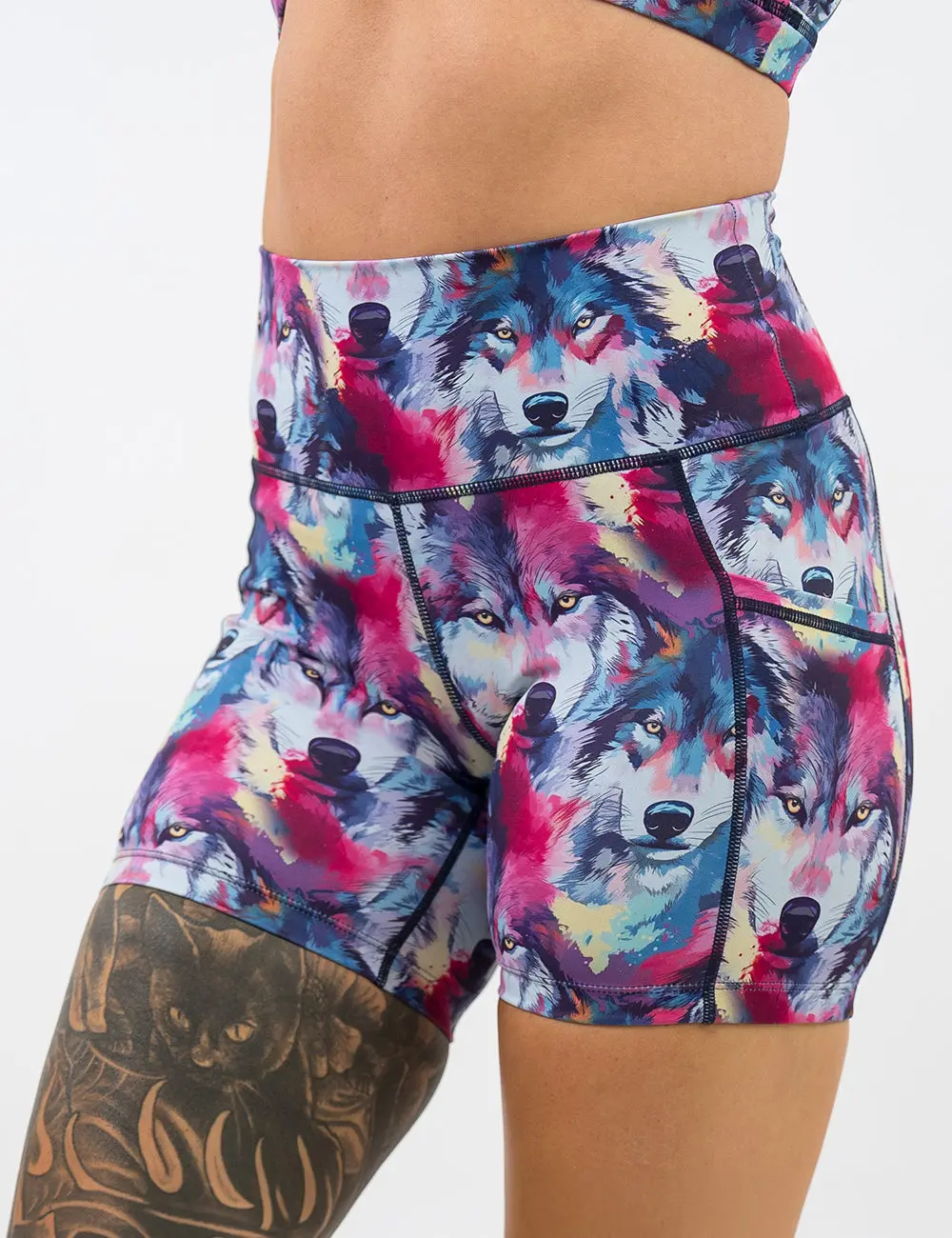 CONSTANTLY VARIED GEAR Women's Watercolor Wolf Print Active Shorts with Pockets - High Waisted Quick Dry Workout Wear (2.5", 5", 7" Inseam), Watercolor Print, 2.5 Inch, Utility Pocket