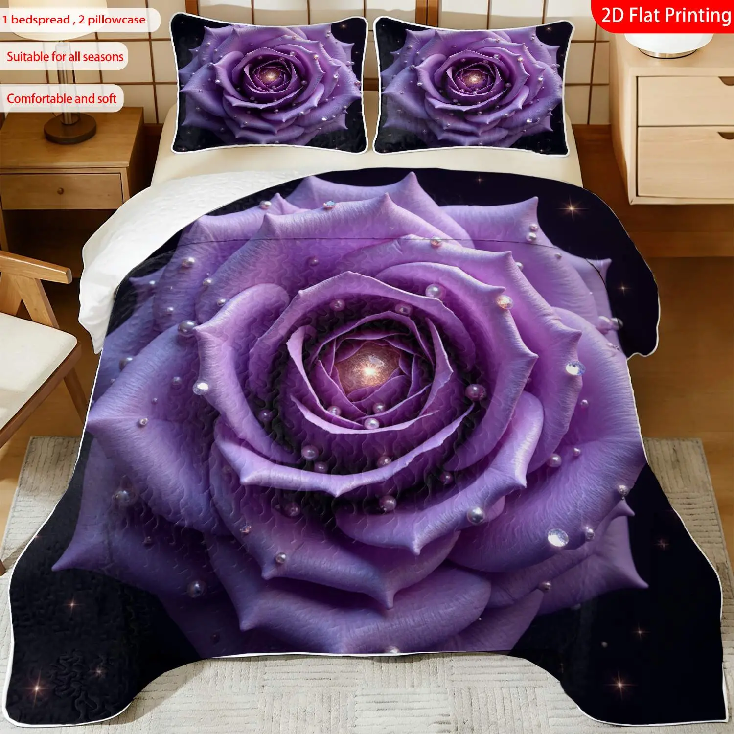 3 pcs, 2D Flat Print Purple Rose with Pearls and Sparkles Bedspread Set, Soft and Comfortable, Multiple Sizes Available, Suitable for Gifting and Daily Use, Ideal for Creating a Cozy Home Atmosphere(1 bedspread , 2 pillowcases)