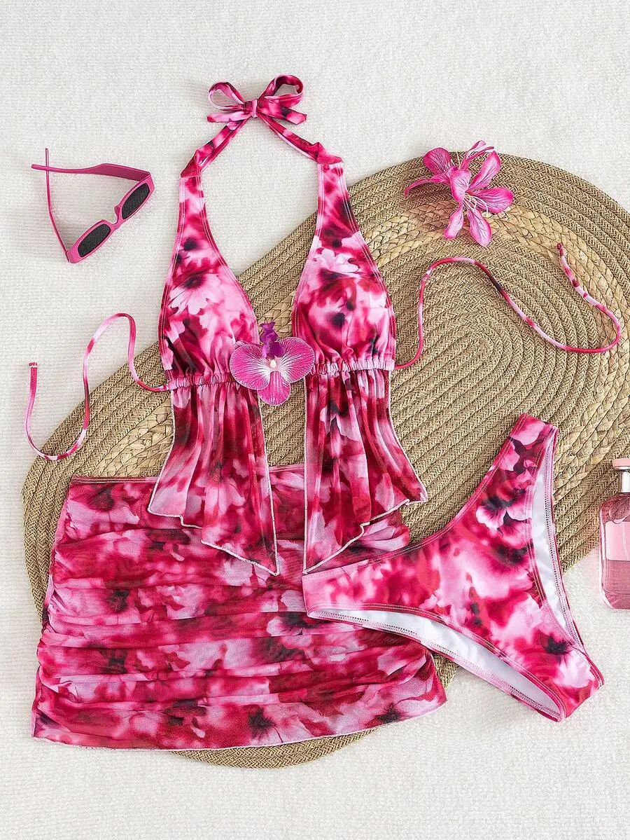 Women's 3-Piece Skirted Bikini Set, Bohemian Plants Print Halter Swimsuit with a Natural Waist and Short Cover Up Skirt, Beach Girl Aesthetic, Elastane, High Elasticity, Short Length, Halter Neck, Without Wire, Beach Party, Bikini Beach Wear, Bikini Swims