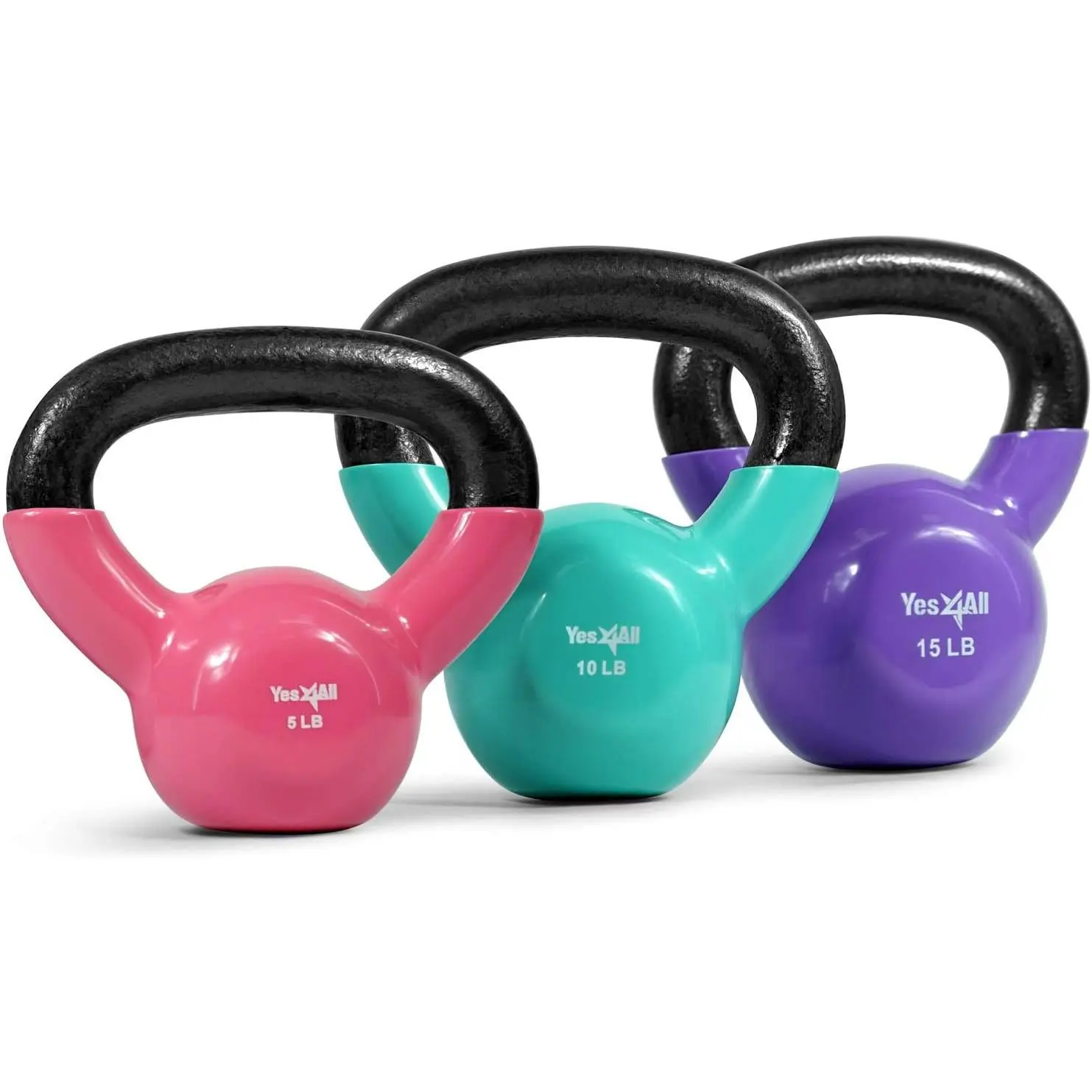 3-Piece Kettlebell Set, Multicolor Vinyl Coated Cast Iron Weights for Beginner Core Training, Corrosion Proof with Stable Design, Full Body Workout, Secure Grip, 5-15 Lbs, Multi-Size, Weight Training, Flat Bottom, Unisex, Body Weights