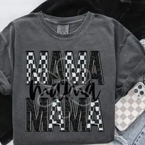 Checker & Faux Glitter ‘Mama’ Completed Tee Top Womenswear newt shirt Sweatshirt, Hoodie, Comfort Colors 32PK 552