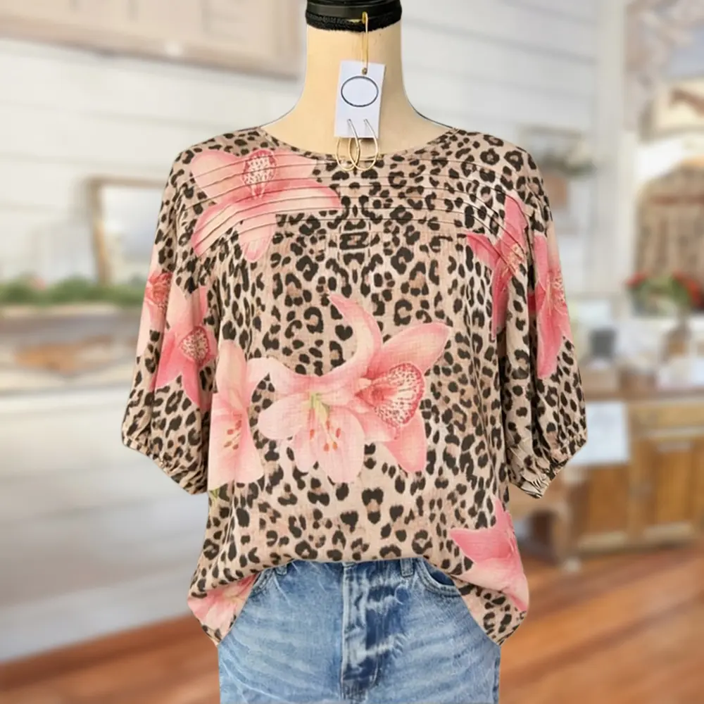 Sage Vell Women Leopard Non-positional Print Lily Floral Blouse Puff 3/4 Sleeves Pleated Front Casual Loose Fit Lace-up Crew Neck Top Boho Vintage Tunic Shirt For Daily Vacation Beach Office Ladies All Match Casual Top