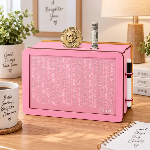 Pink Wooden Money Storage Jar Money Bank, Countdown Money Saving Box with 10000 Dollars Target, Money storage jar with Money Target and Numbers to Check for Boys Girls (10000 USD)