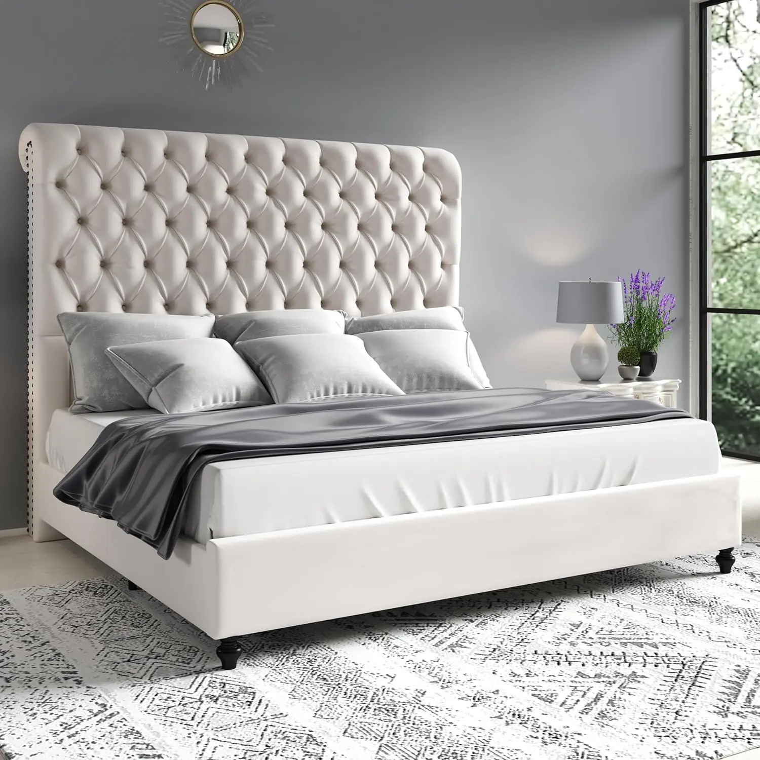 AMERLIFE Queen Bed Frame - 60" Tall Velvet Sleigh Headboard for Bed, Curved Modern Diamond Tufted Upholstered Wooden Platform, No Box Spring Needed, Ideal Bedroom Furniture Gift