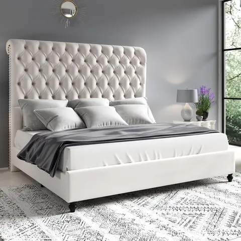 AMERLIFE Queen Size Bed Frame - 60" Tall Velvet Sleigh Headboard with Curved Modern Diamond Tufting, Handmade Button Art, Double Pleats, Upholstered Wooden Structure, Silent, No Box Spring Needed, Assembly Required, Ideal Bedroom Furniture Gift, Bedroom D