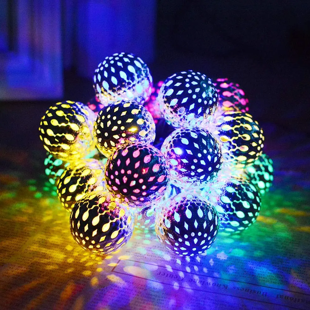 30-LED Solar-Powered Moroccan Spherical Outdoor String Lights, 4-Color Changing Globe with 8 Modes, IPX4 Colorful Nightlights for Party, Holiday Decor, Colorful Lights