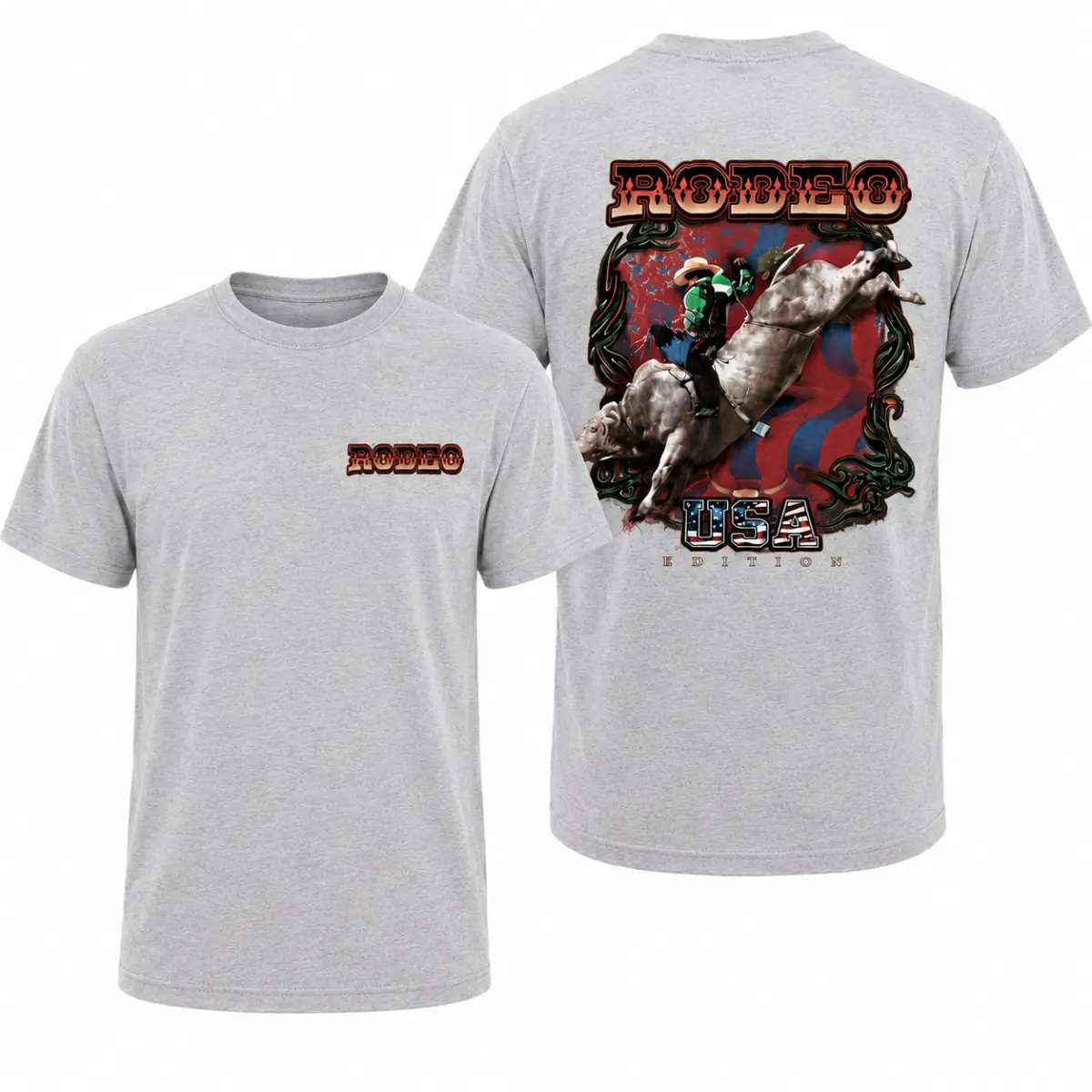 Rodeo USA Edition T-Shirt, Western Cowboy Bull Riding Shirt, Double Sided Rodeo Graphic Tee, Patriotic Cowboy Apparel, Country Western Ranch Gift for Men Women