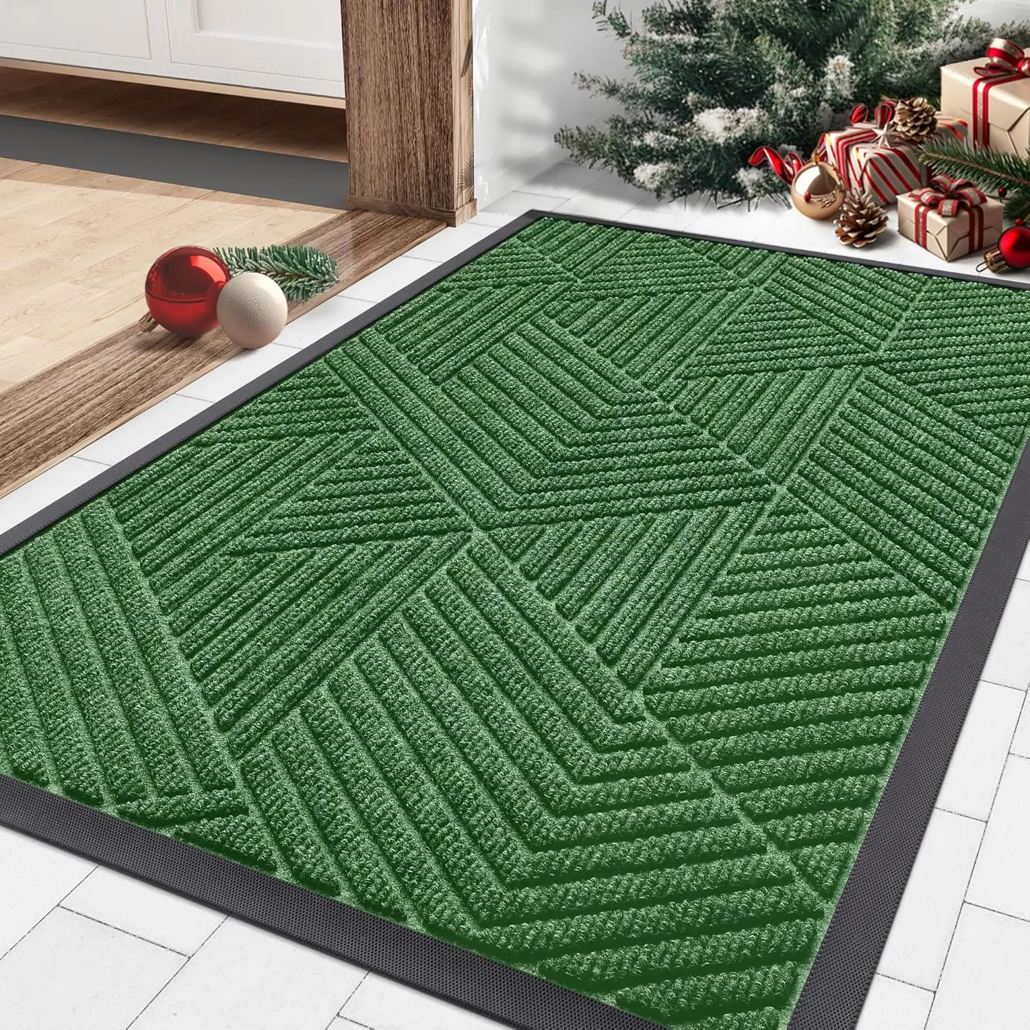 Smiry Front Door Mat Outside Entrance, Heavy Duty Sturdy Natural Rubber Doormat, Trap Dirt and Moisture, Easy Clean Low Profile Mats for Indoor Outdoor Entry, Irregular Triangle (29.5x17, Green)