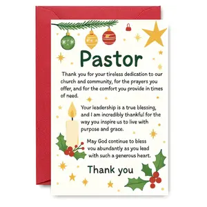 1PC Religious Christmas Greeting Card, For Pastor with Candle & Holly Design, "Thank You for Your Dedication" Appreciation Card, Perfect for Church Community Holiday Season Spiritual Wishes