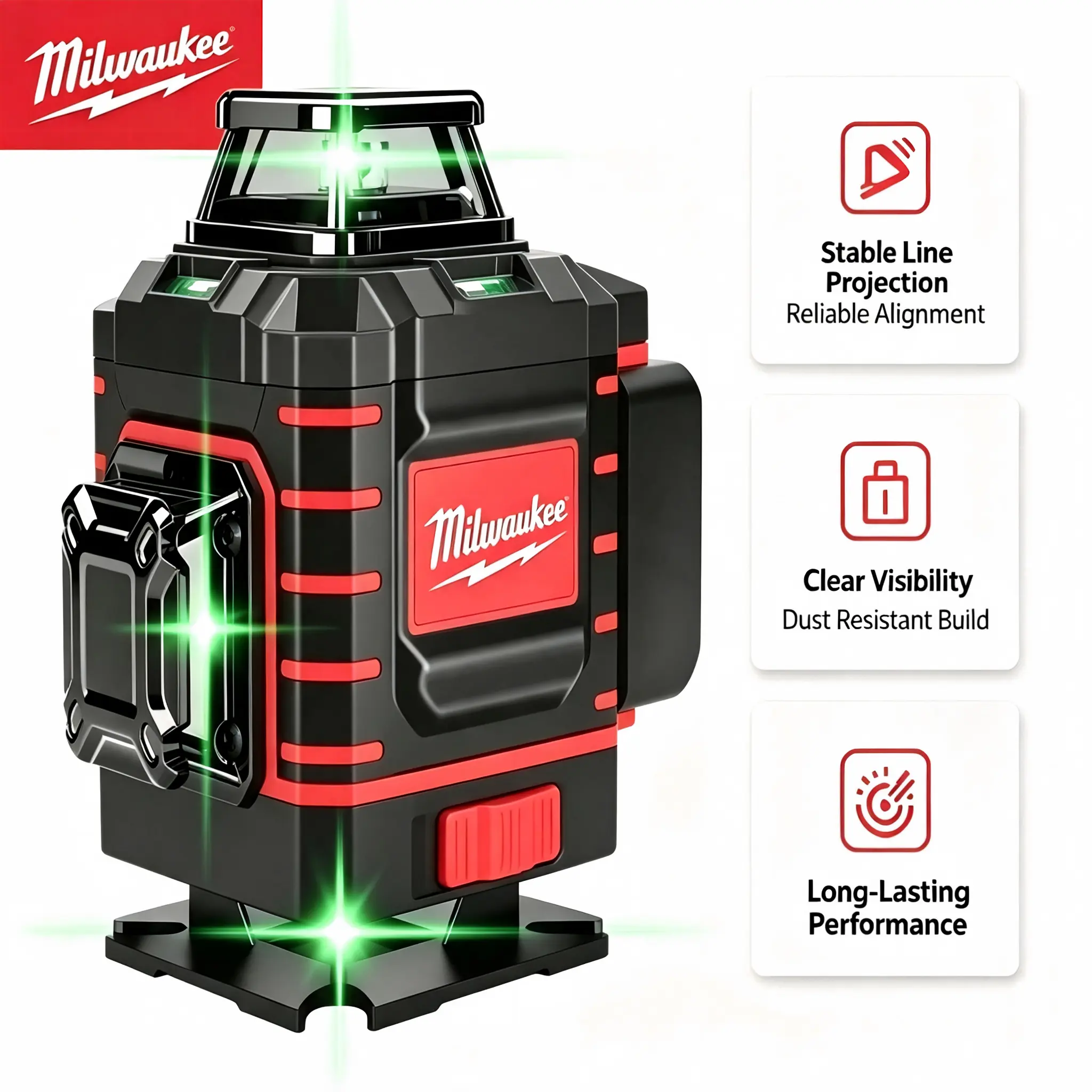 Milwaukee Professional Green Cross Line Self-Leveling Laser Level with 360° Rotating Lockable Base, for Tile Installation & Home Renovation, Compatible with Automotive Torque Repair Tools, Power Drills, Woodworking Kits, Steel Car  hose       magnetic