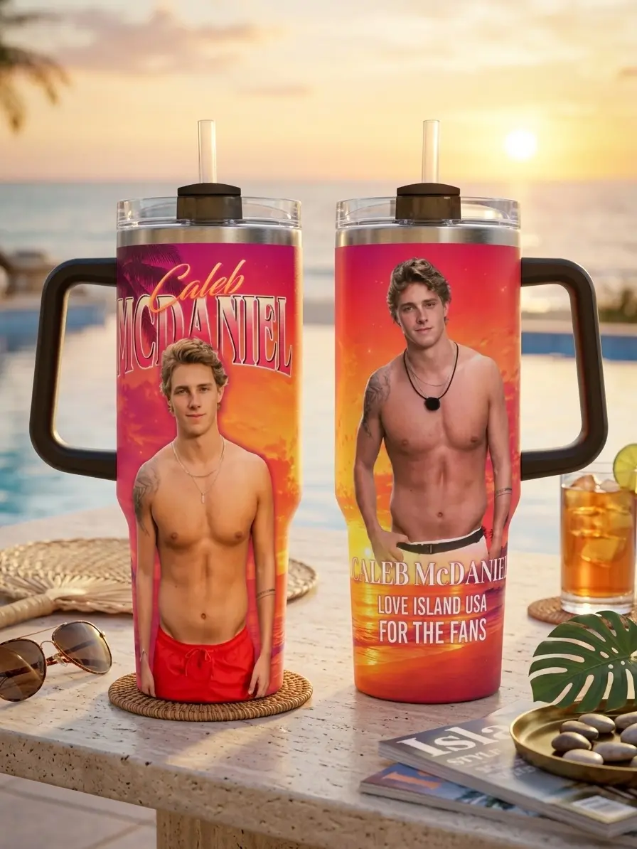 Caleb Love USA Stainless Steel Printed Insulated Portable Tumbler Cup (30oz/40oz) with Handle & Lid, Reality TV Fan Reusable Drinkware with Sunset Beach Heartthrob Poster Artwork, Birthday Fan Girl Gift (Straw Not Included), Music