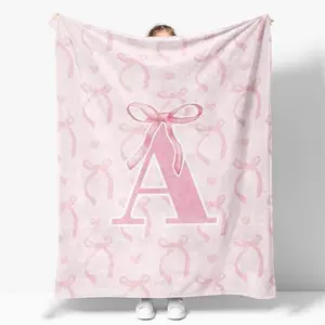 Single-sided printing Blanket Coquette Pink Bow Throw Blanket  Personalized Initial A Soft Fluffy Cozy Flannel Blanket Monogrammed Gifts for Daughter Women Teen Girls for Bedding Bedroom Office  Lightweight, soft, and comfortable – the perfect gift.