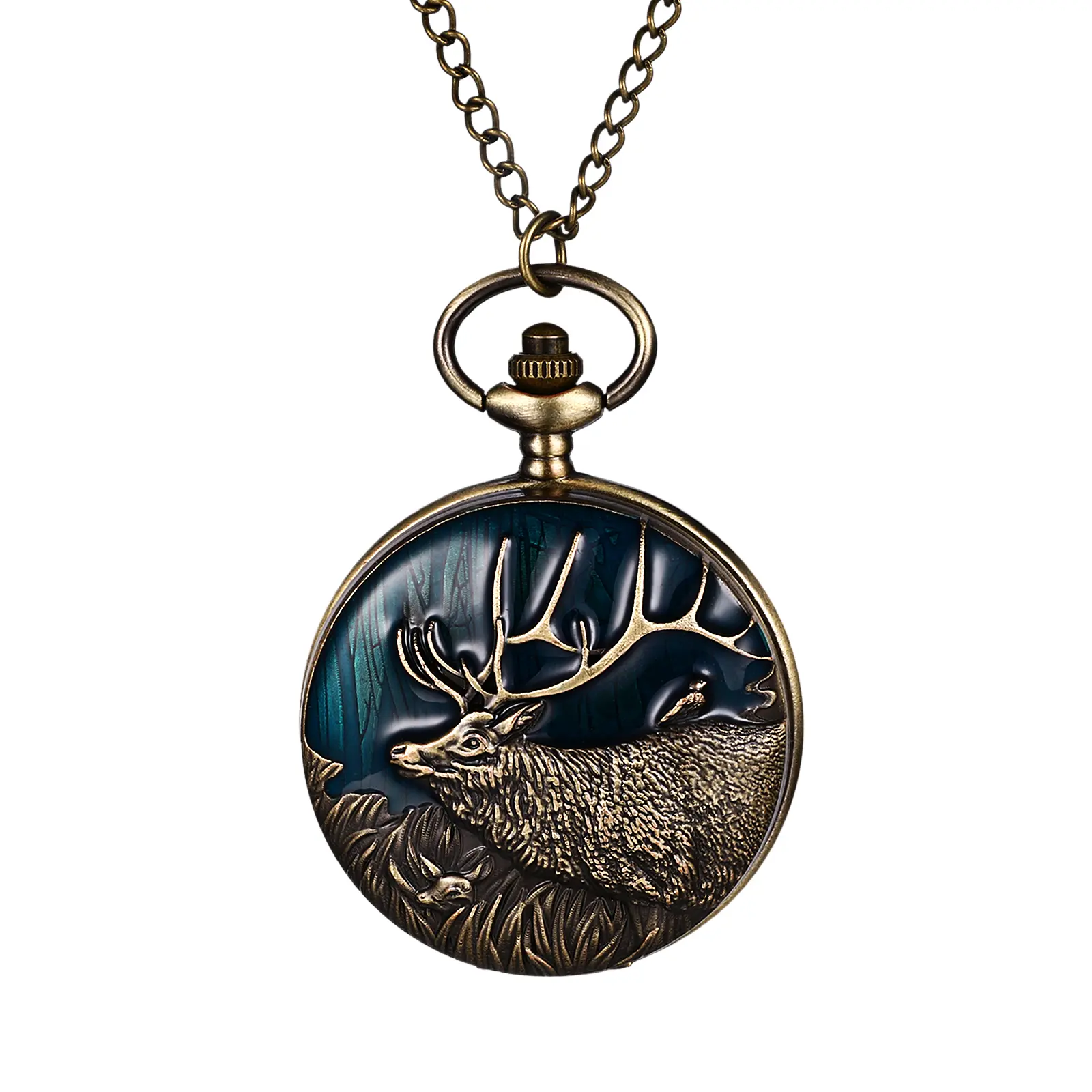 OIDEA Vintage Pocket Watch with Art Inspired Relief Deer Design, Antique Bronze Quartz Fob Watch for Men Women with 30.7" Necklace Chain, Animal Face Pocket & Fob Watches, Art Inspired Pocket & Fob Watches