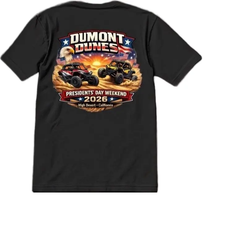 Dumont Dunes 2026 Presidents Day Weekend High Desert California T-Shirt with Patriotic Design and Off-Road Vehicle Graphics