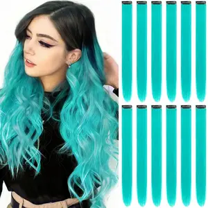 12 PCS Teal Blue Hair Extensions Clip in, Colored Party Highlights Extension for Kids Girls Synthetic Hairpiece Straight 22 inch