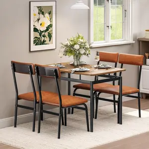 Gaomon 5-Piece Brown Wood Dining Table Set, Space Saver Dinette with 4 PU Upholstery Chairs, Sturdy Metal Frame for Dining Room & Kitchen