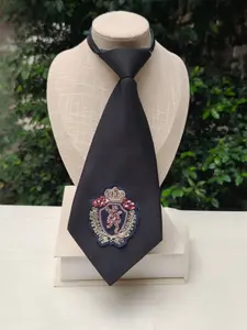 Crown Embroidered Sequin Tie, No-Needle Zipper Design, School Badge Style, Jk/western Commuter Accessory, Elegant Neckwear