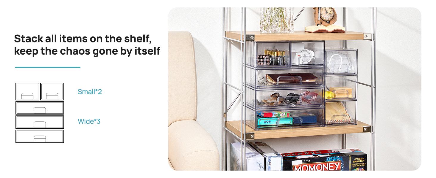 【Bottles Station】Vtopmart Stackable Nursery Set of 5/8 Clear Plastic Organizer Bins for Makeup Beauty Supplies Vanity Bathroom Cabinet Pantry, Multi-Size Flexible Design BPA-Free Safe Water&Dust Proof,dorm essentials,home decor