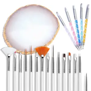 21 count Nail Art Brushes Nail Art Tool Set Resin Palette Nail Art Painting Mixed Color 2 Way Acrylic Silicone Carving Pen Dotting Pen Tool Manicure Kit DIY Makeup Display Board for Home Salon, White