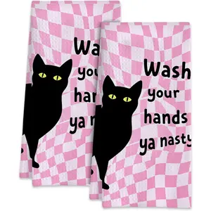 Funny Black Cat Kitchen Towels Set of 2,Pink Checkered Bathroom Hand Towels 16x24 Inch Absorbent Tea Washcloths for Cleaning Spring Bathroom Decor Kitchen Accessories Gifts