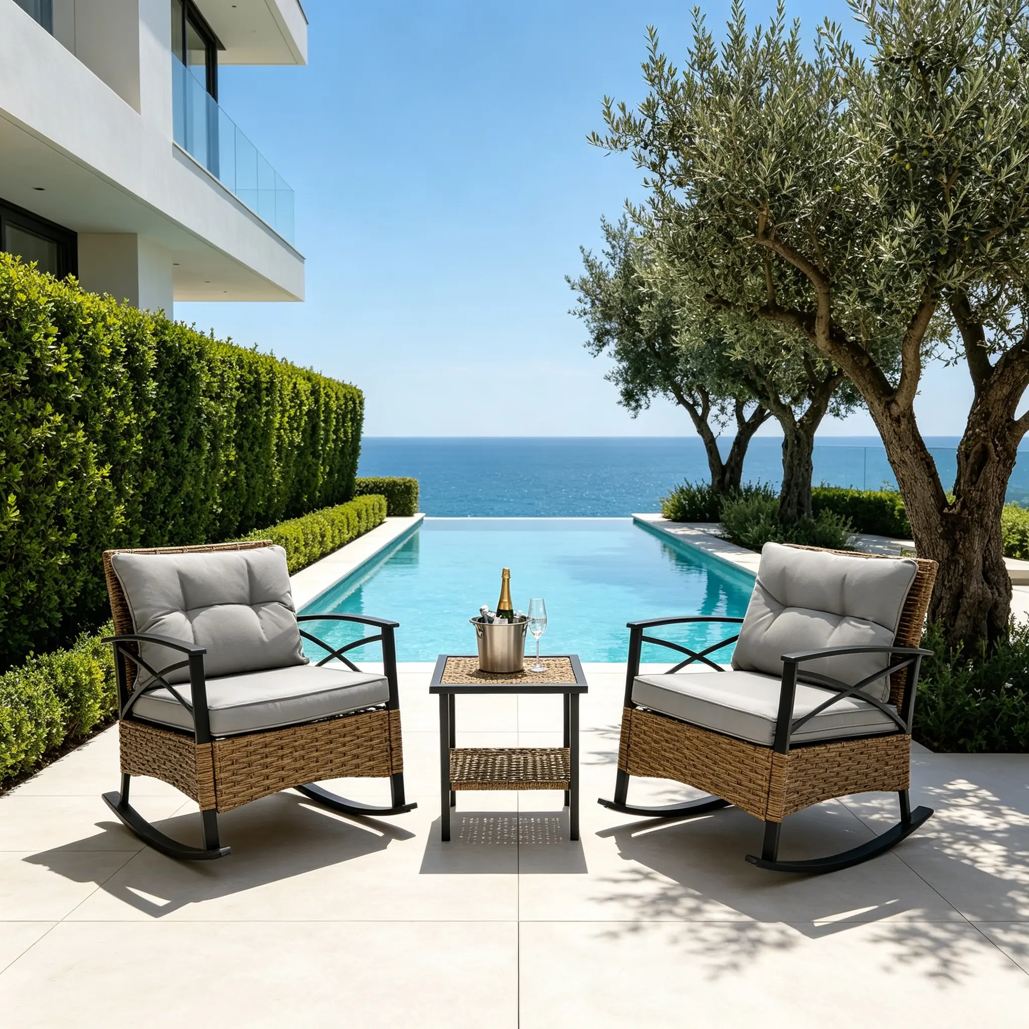 SummerVibes 3-Piece Rattan Rocking Patio Furniture Set, Wholesale Durable Multi-Functional Outdoor Porch Chairs, Grey Leisure Seating for Poolside Relaxation, Patio Furniture Sets, Outdoor Furniture Sets