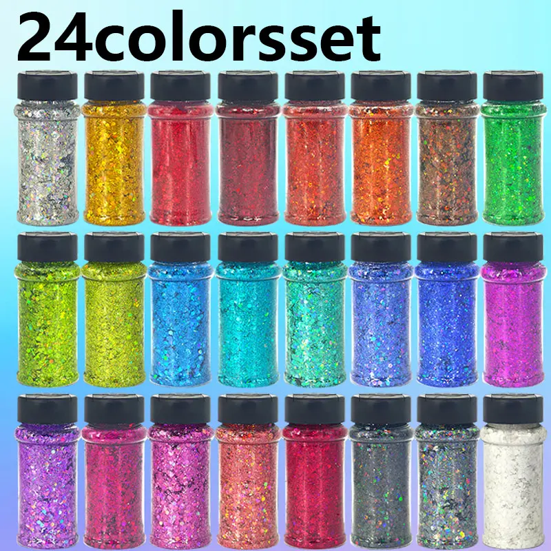 Holographic block shaped glitter craft 2 ounces 56 grams, 24 color glitter, homemade resin roller Halloween glitter, suitable for crafts, resin, body hair, facial nails, DIY party decoration