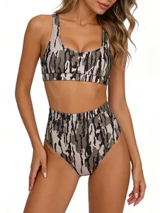 Tummy Control Swimsuit, Adult brown Camouflage Print Swimsuit for Womens