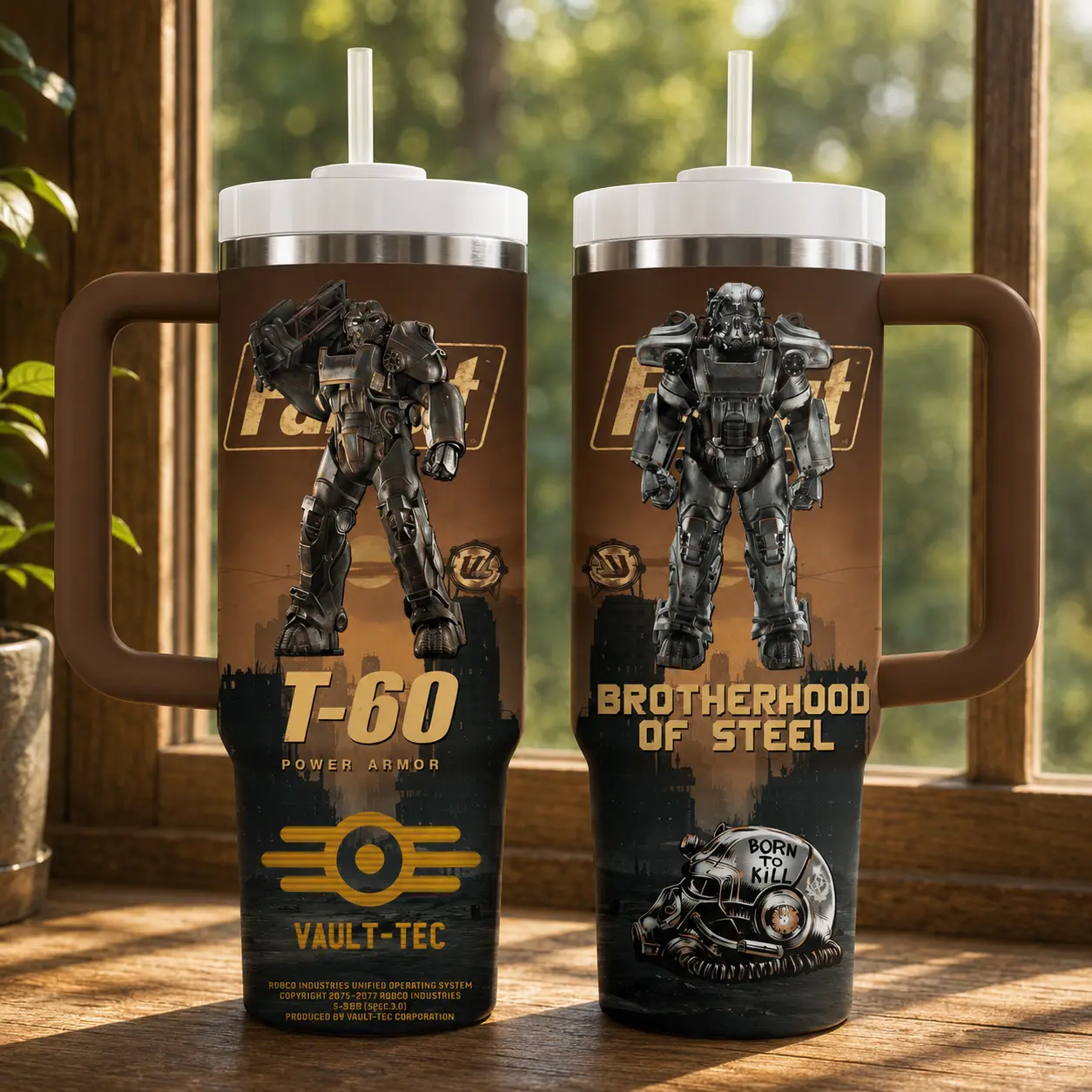 Fallout T-60 Power Armor Tumbler with Handle and Straw | Brotherhood of Steel Vault-Tec Stainless Steel Insulated Travel Mug | Gamer Gift