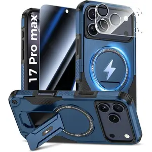 for iPhone 17 Pro Max Case with Privacy Tempered Glass Screen Protector & Camera Lens Protector, Compatible with MagSafe, Invisible Kickstand, Shockproof Phone Cover, Blue Protection Protective Casing Smartphone Cellphone