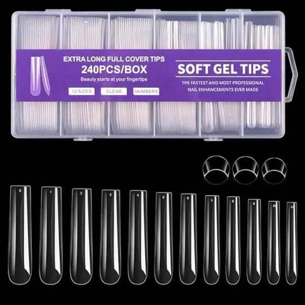 Long Square Nail Tips, 240Pcs Full Cover Soft Gel Nail Tips Pre-Etched 3XL Square Clear Acrylic False Nail Fake Nail Extension Press On for Salon Home DIY 12 Sizes